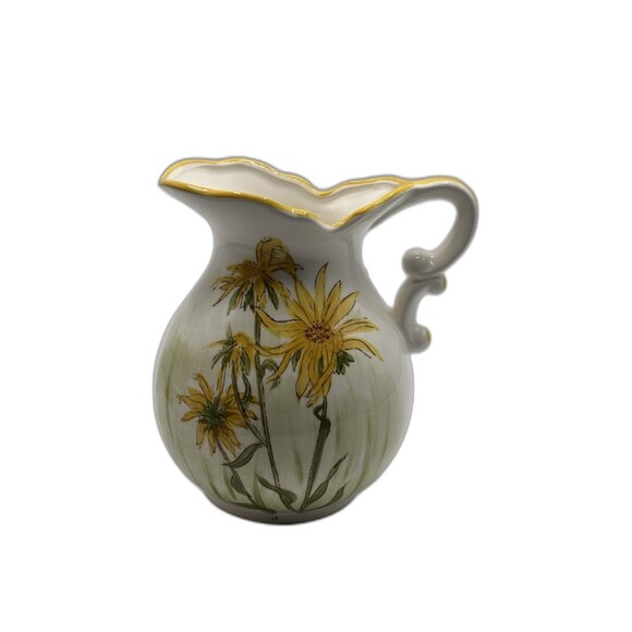 Vintage Enesco Hand painted Ceramic Pitcher White With Yellow Flowers And Green - Picture 10 of 10